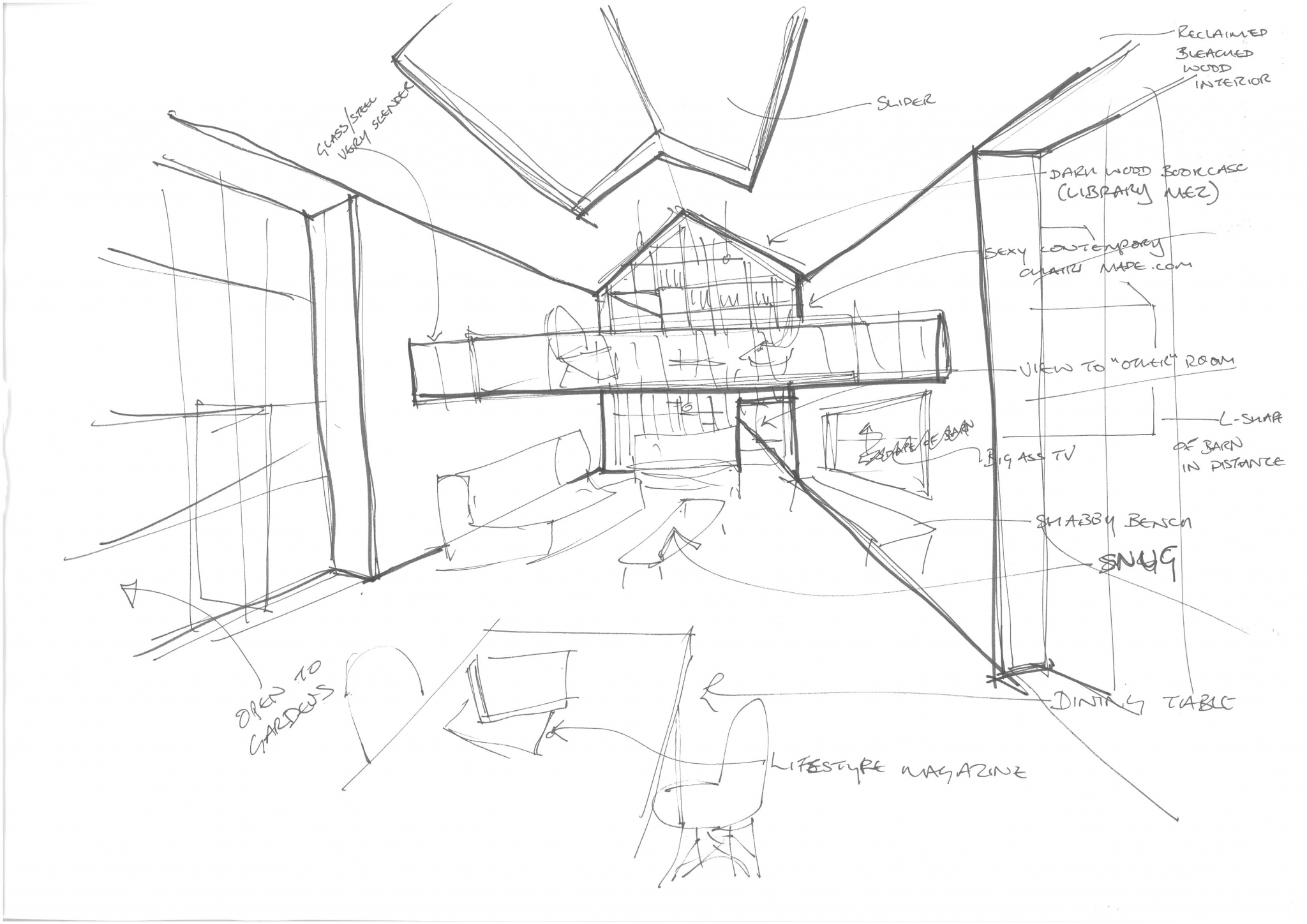 Architectural roof window interior design sketch