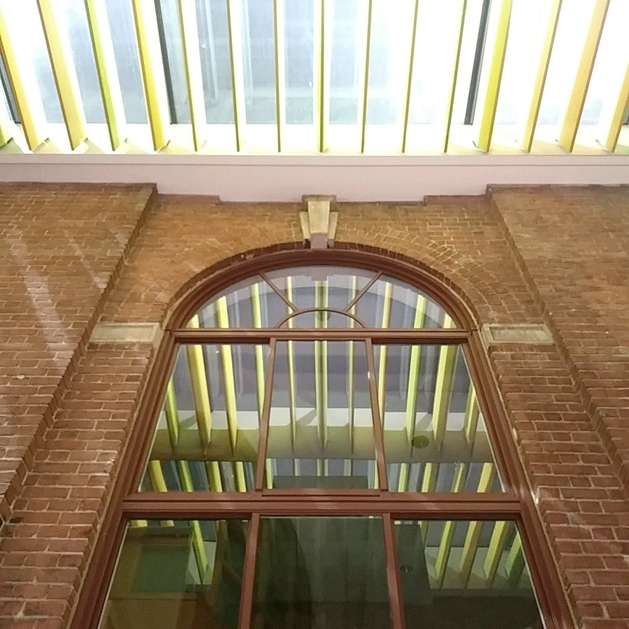 Inside view of our multipart custom skylights at the Town School in New York, allowing lots of natural daylight into the building.