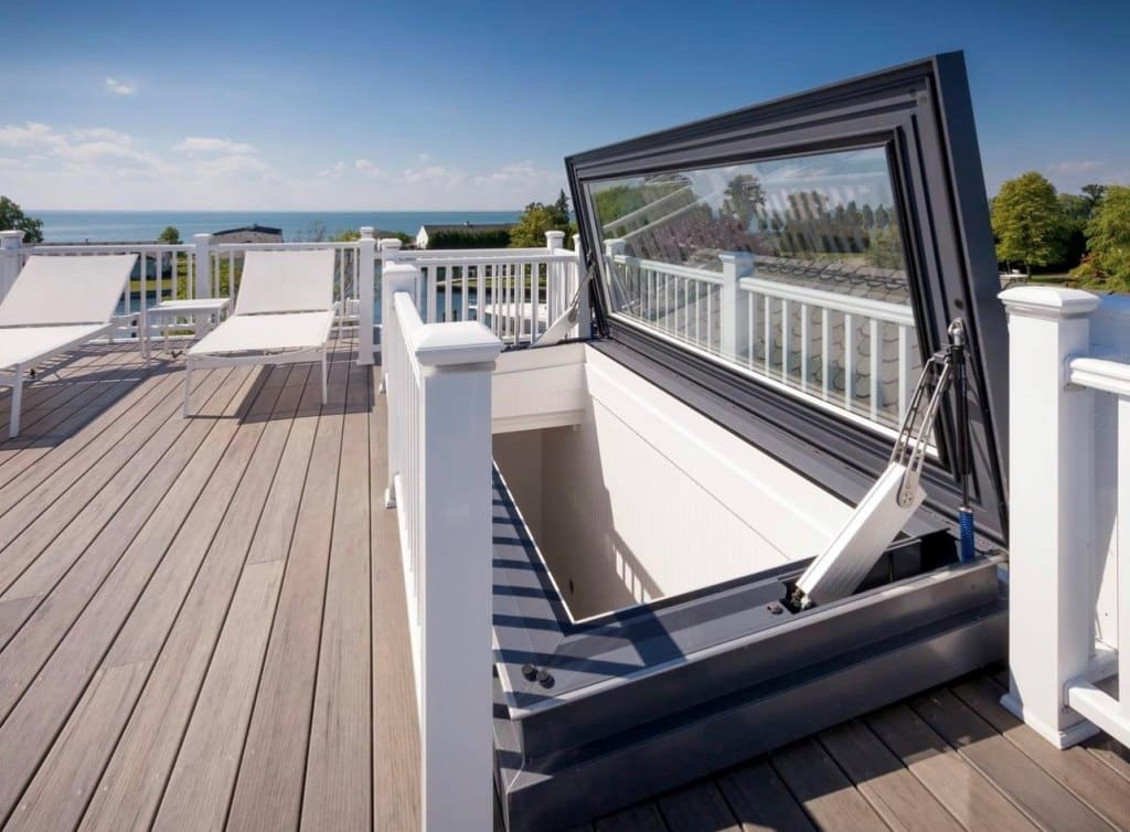 Roof deck skylight, our Skydoor mounted on a roof for easy access.