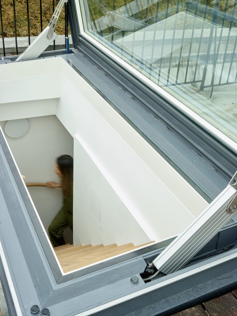 Looking down through the new Glazing Visions Skydoor installtion, a roof deck access hatch